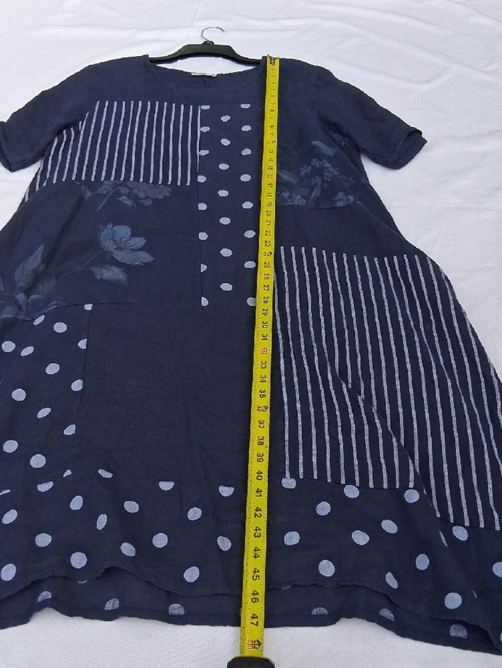 Casual Polka Dot & Stripe Patchwork Linen Maxi Dress - Black - Picture 9 of 12